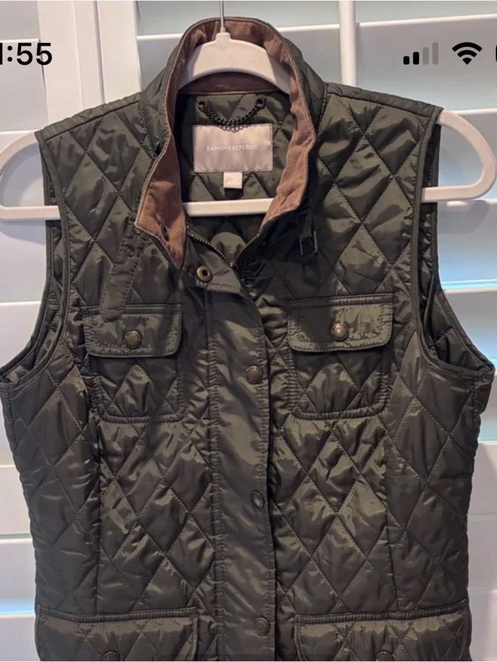 Banana Republic Quilted Olive Vest with Contrast Collar